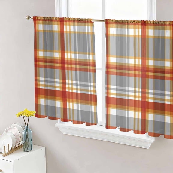 Vintage Plaid Sheer Curtains 45 Inch Length 2 Panels Set, Autumn Orange Red Grey Checkered Farmhouse Voile Window Treatment Rod Pocket Small Kitchen Curtains Drapes for Bedroom 52"x45"x2