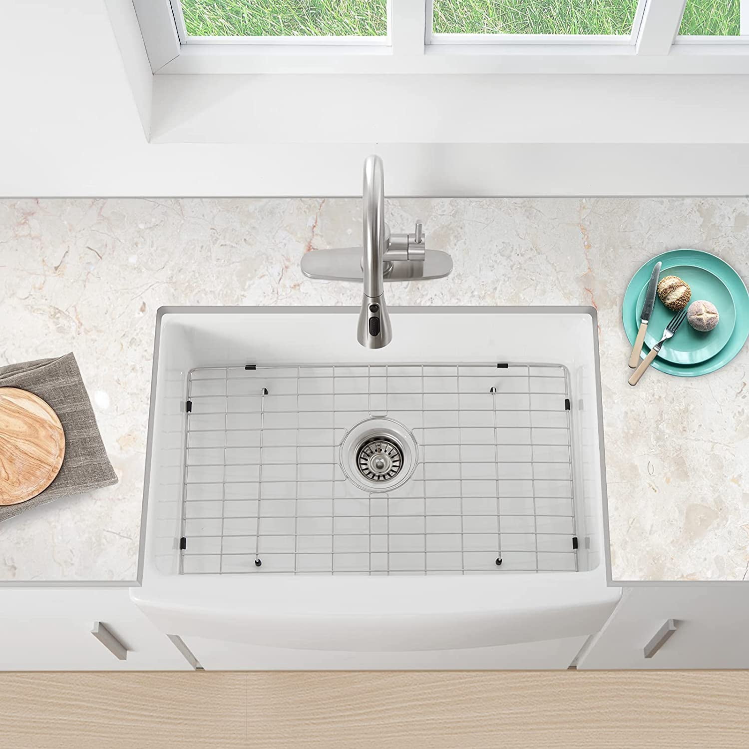 33X21 Inch White Farmhouse Kitchen Sink Fireclay Ceramic Curved Apron Front Single Bowl Farm Sink
