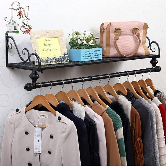 Pipe Clothes Rack with Top Shelf, 31in  Pipe Wall Mounted Garment Rack, Space-Saving Display Hanging Clothes Rack, Heavy Duty Detachable Multi-Purpose Hanging Rod for Closet Storage
