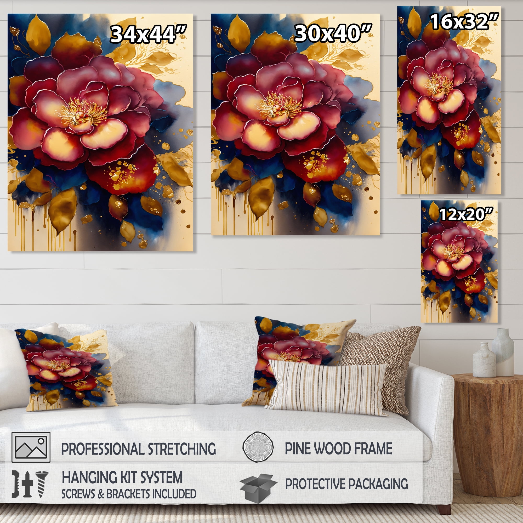 Designart Red And Gold Camellia Floral Design II Canvas Wall Art