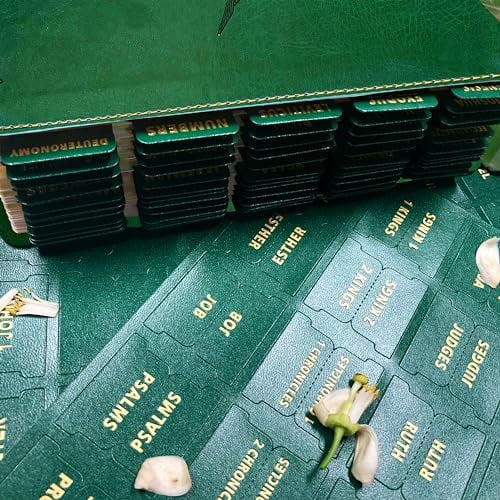 Bible Tabs for Women Men - 80 Large Gold Foil Laminated Green Leather Paper Index Tabs, 66 Old New Testament + 14 Blank Self-Stick Bible Journaling Supplies, Easy to Read & Navigate