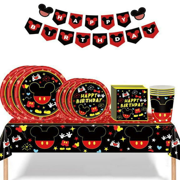 Mickey Party Supplies Includes Table Cloth , Banner, Plates, Napkins