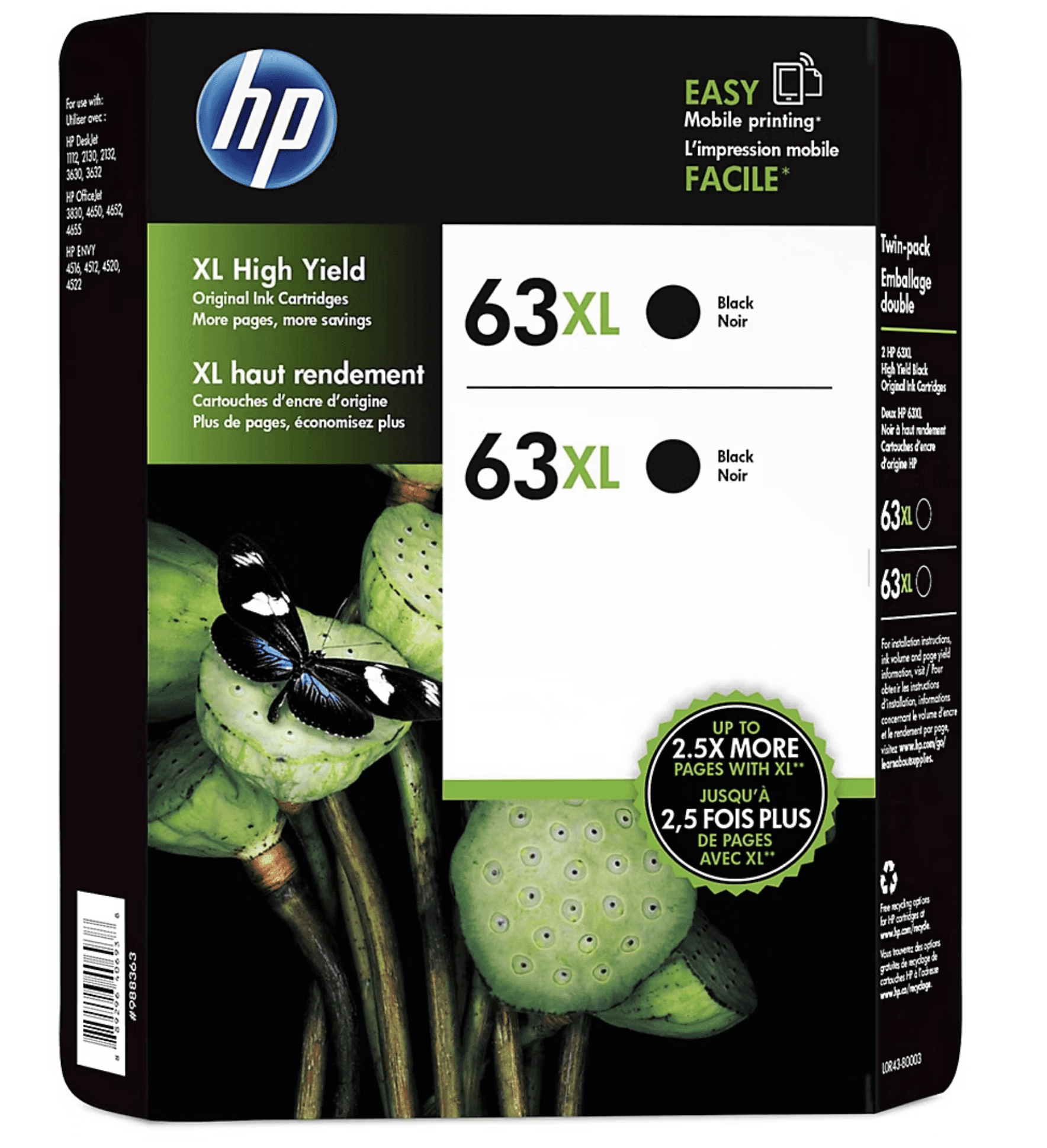 HP 62XL High Yield Original Black Ink Cartridge (2 Pack