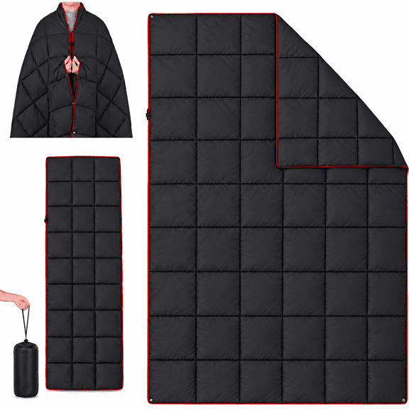 BEBANG Outdoor Camping Blanket, Warm Puffy Wearable Blanket with Snap Buttons, Water-Repellent Windproof Packable Travel Blanket, Lightweight Camping Quilt with Carry Bag for Stadium, Hiking, Picnic