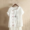 thumbnail image 2 of Womens Summer Tops, Oversized T Shirs for Women Loose Retro Vintage Printed Round Neck Short Sleeve Shirts Lady Casual Soft Cotton Linen Blouse Tunic Tops Buttons Detail, 2 of 5