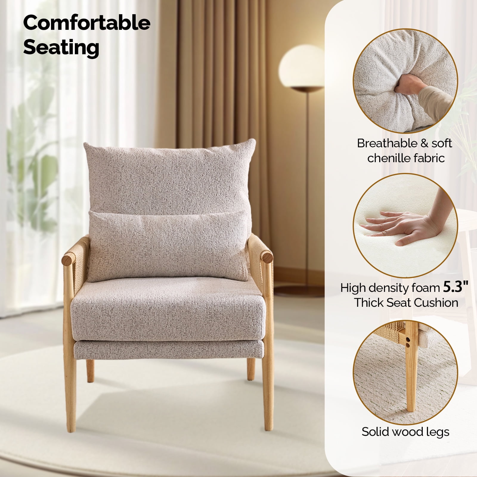Ktaxon Accent Chair, Solid Wood and Jute Rope Armrests Armchair, Single sofa with Lumbar Pillow for Living Room Bedroom Office Light Gray