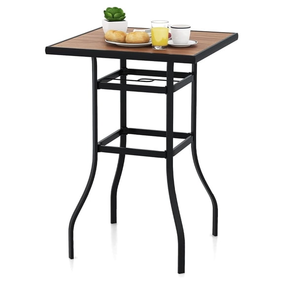 Patio Bar Table with Umbrella Hole, 27.5” Outdoor Square Bar Height Table, Heavy-Duty Metal Frame, Bistro High Top Dining Table for Garden Backyard Poolside
