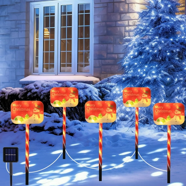 Luces solares LED navideñas con forma de gorro navideño, luz solar cálida para jardín o patio. Decoración navideña para exteriores. Incluye cinco luces solares navideñas de plástico.