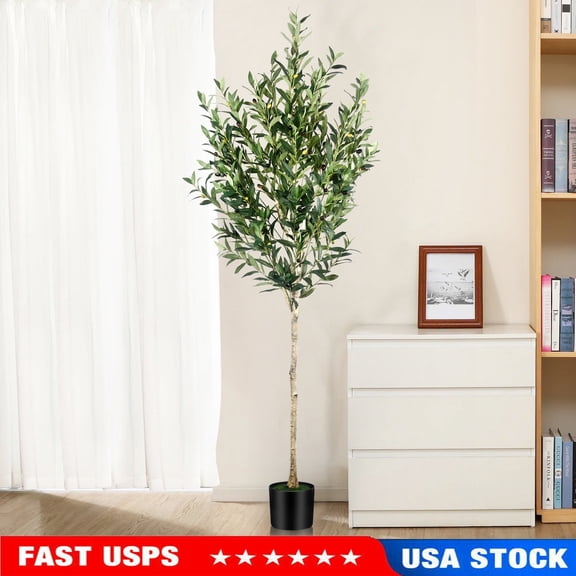 Gamexcel 6FT Artificial Olive Tree – Real Wood Trunk, 45 Lifelike Olives & Stable Pot Indoor