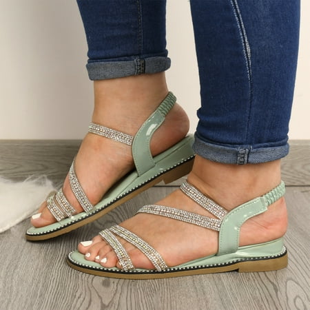

Aayomet Women s Heeled Sandals Ladies Fashion Summer Thin Strap Rhinestone Elastic Fish Mouth Flat Sandals Green 6.5
