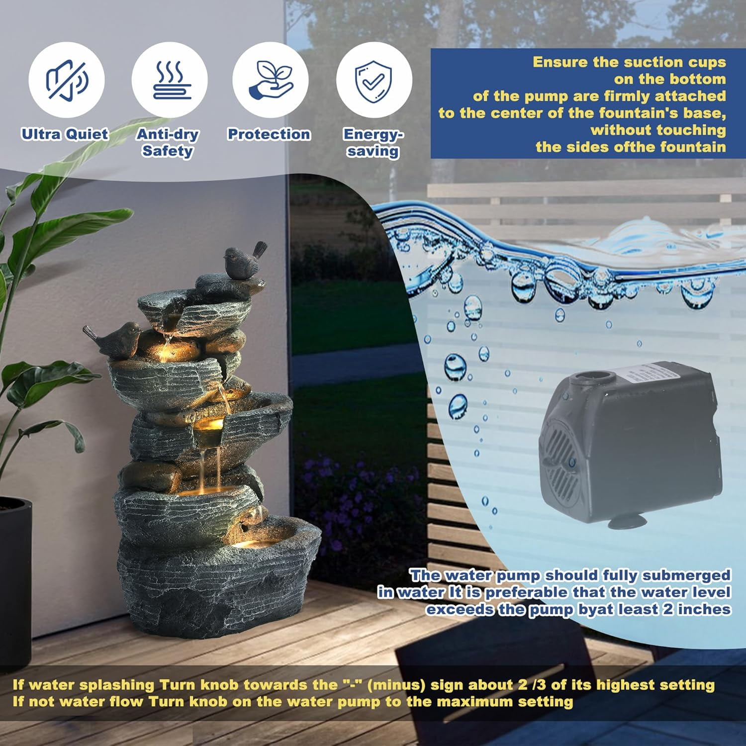 5-Tiers Cascading Rock Outdoor Water Fountain, Garden Freestanding Birds Waterfall Fountains Outdoor with LED Lights Birds Decor, Stacked Stone Outdoor Fountains for Garden Patio Porch, 26" H