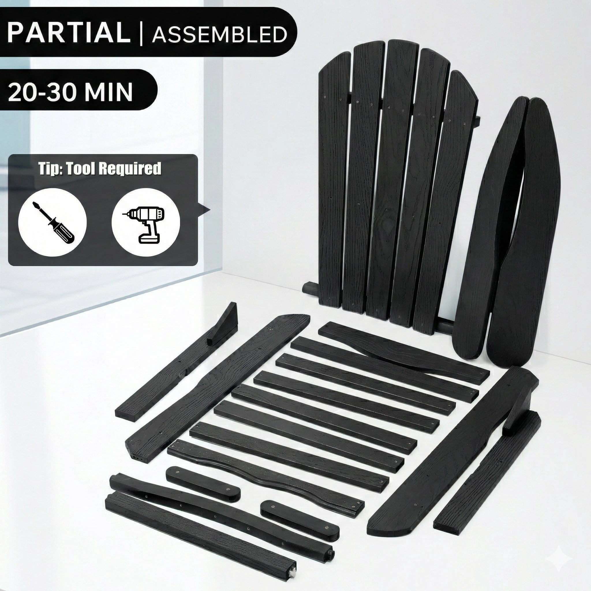 AISWORD Outdoor Folding Embossed Adirondack Chair Set of 2, Pre-Assembled BackRest Wood Lounge Chair, Black