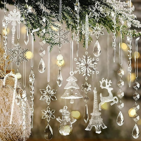 Crystal Christmas Tree Decorations 32-Piece Suncatcher Hanging Ornaments Acrylic White Pendant Chains Rainbow Maker Home Decor Party Wedding Clear Shatterproof Winter Decor