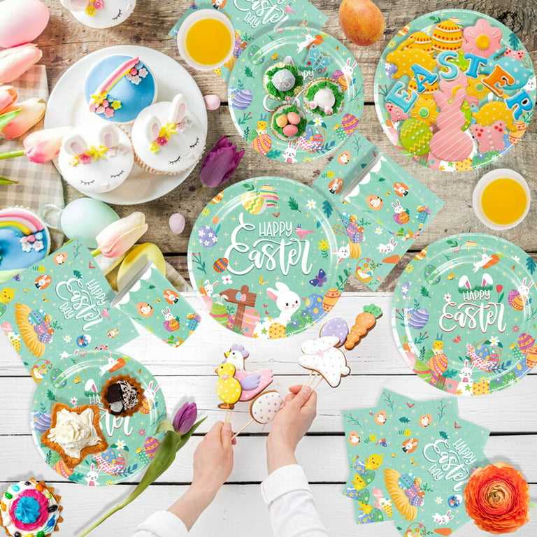 16 Guests Happy Easter Dinnerware Bundle Easter Cups Dinner & Dessert  Plates and Napkins Disposable Paper Tableware Set for Easter Picnic Church  Kid's