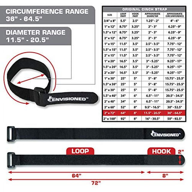 Sangles Réutilisables 2 Pouces x 72 Pouces - Lot de 2 - Sangles à Crochets et Boucles (Noir)