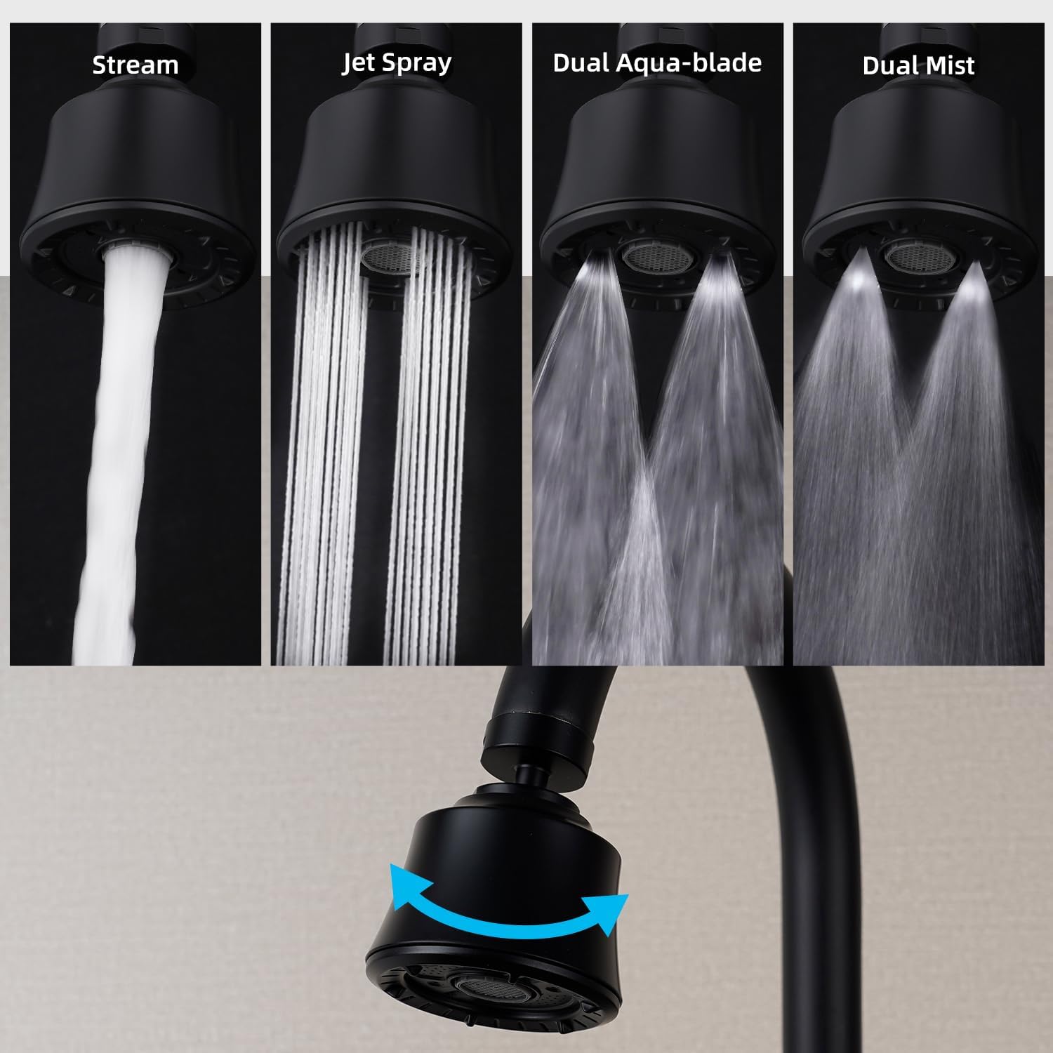 Kitchen Sink Faucet Head with Metal Ball Joint, 360° Swivel Faucet Sprayer Head, Big Angle Faucet Aerator Adapter 55/64-27UNS Female Thread, 4 Spray Modes, Extra Metal Adapters, Matte Black