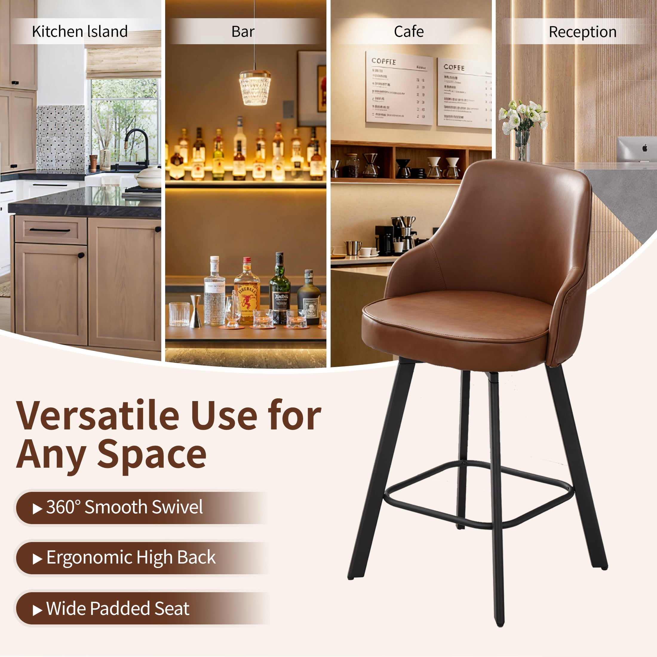 FIRAVOE Bar Stools Set of 3, 26" Swivel Barstools Counter Height Bar Stools with High Back, Faux Leather Bar Chairs Counter Stools for Kitchen Island, Brown