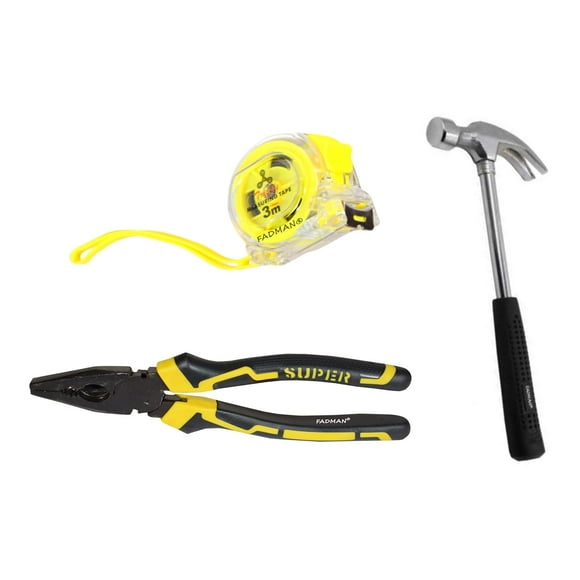 Hand Tool Kit - Yellow & Black Plier | Measuring Tape 3 Meter | Claw Hammer | Stainless Steel, Professionals Like Carpenters & Electricians Use | Construction, Electrical Repair, Durable