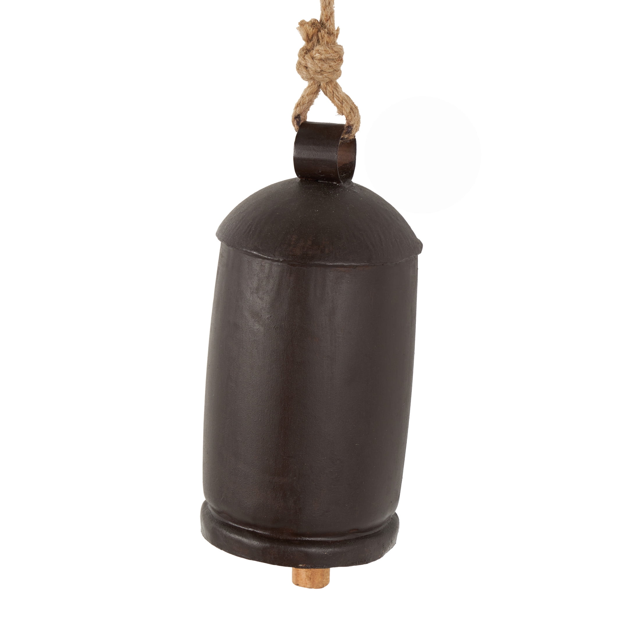 DecMode Tibetan Inspired Dark Brown Metal Cylindrical Decorative Cow Bells with Jute Hanging Rope, 3 Count
