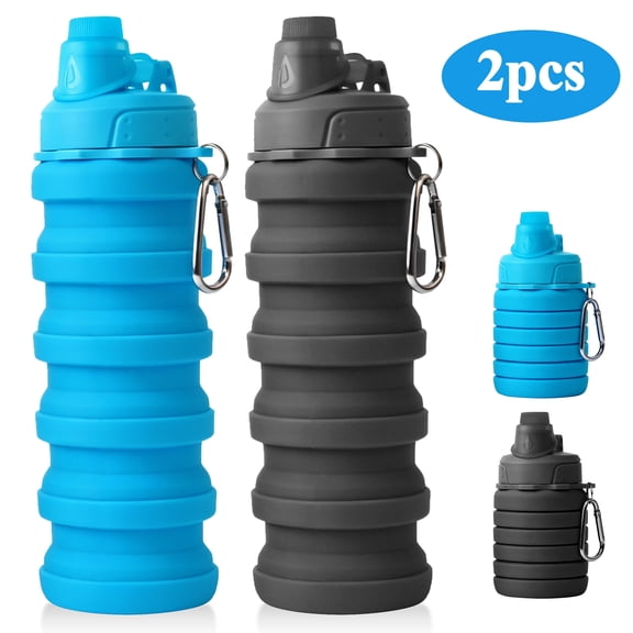 Wavraging Collapsible Water Bottles 17oz (500ml), 2 Pack Reusable Silicone Travel Water Bottle with Carabiner, Portable Foldable Sports Water Bottle for Camping, Gym, Cycling, Trekking (Black Blue)