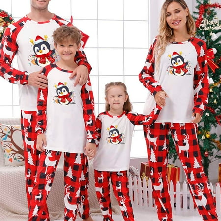 

ZCFZJW Savings Matching Christmas Pjs for Couples Lovely Xmas Penguin Printed Plaid Long Sleeve T Shirts and Pants Two Piece Outfits Sleepwear(Baby-3M)