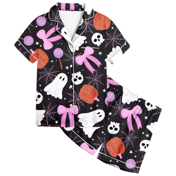 BOOMNY Halloween Girls 2 Peice Pajamas Sets Hallowmas Pumpkin Ghost Graphic Short Sleeve Buttons Sleepwear Tops Shorts Pjs Set for Kids Cozy Loungewear Homewear