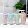 thumbnail image 1 of Vaso de pajita de plástico colorido con pajita dura | Vaso aislado para niños, adolescentes y adultos | 550ml 18.6 onzas | 4 Colores: Rosa, Azul, Morado, Verde | Portátil para bebidas frías de, 1 of 8