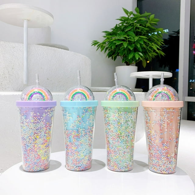 Vaso de pajita de plástico colorido con pajita dura | Vaso aislado para niños, adolescentes y adultos | 550ml 18.6 onzas | 4 Colores: Rosa, Azul, Morado, Verde | Portátil para bebidas frías de