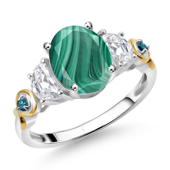 Gem Stone King 925 Silver and 10K Yellow Gold 3-Stone Ring Oval Green Malachite and Moissanite (3.01 Cttw, Size 7)