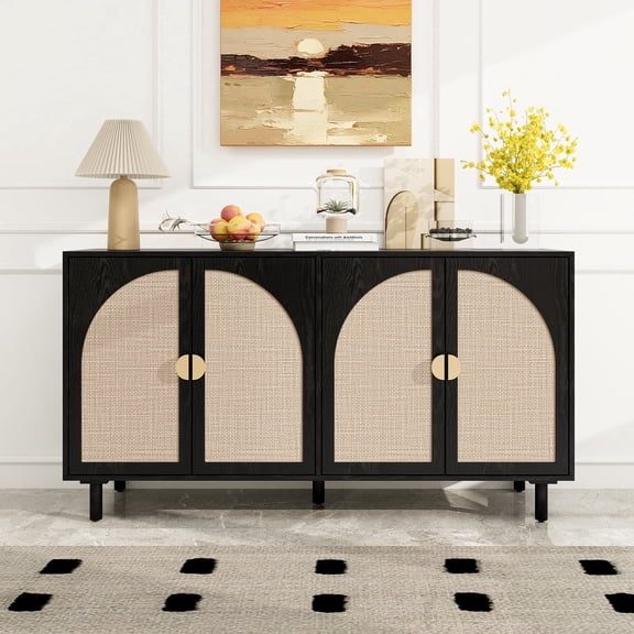 LFGUIZO 58.86"Black 4 Doors ​Buffet Cabinet Large 2 Adjustable Shelves Modern Accent Storage Cabinet for Dining Room, Kitchen or Entryway, Decorative Cupboard with Arched Cane Door
