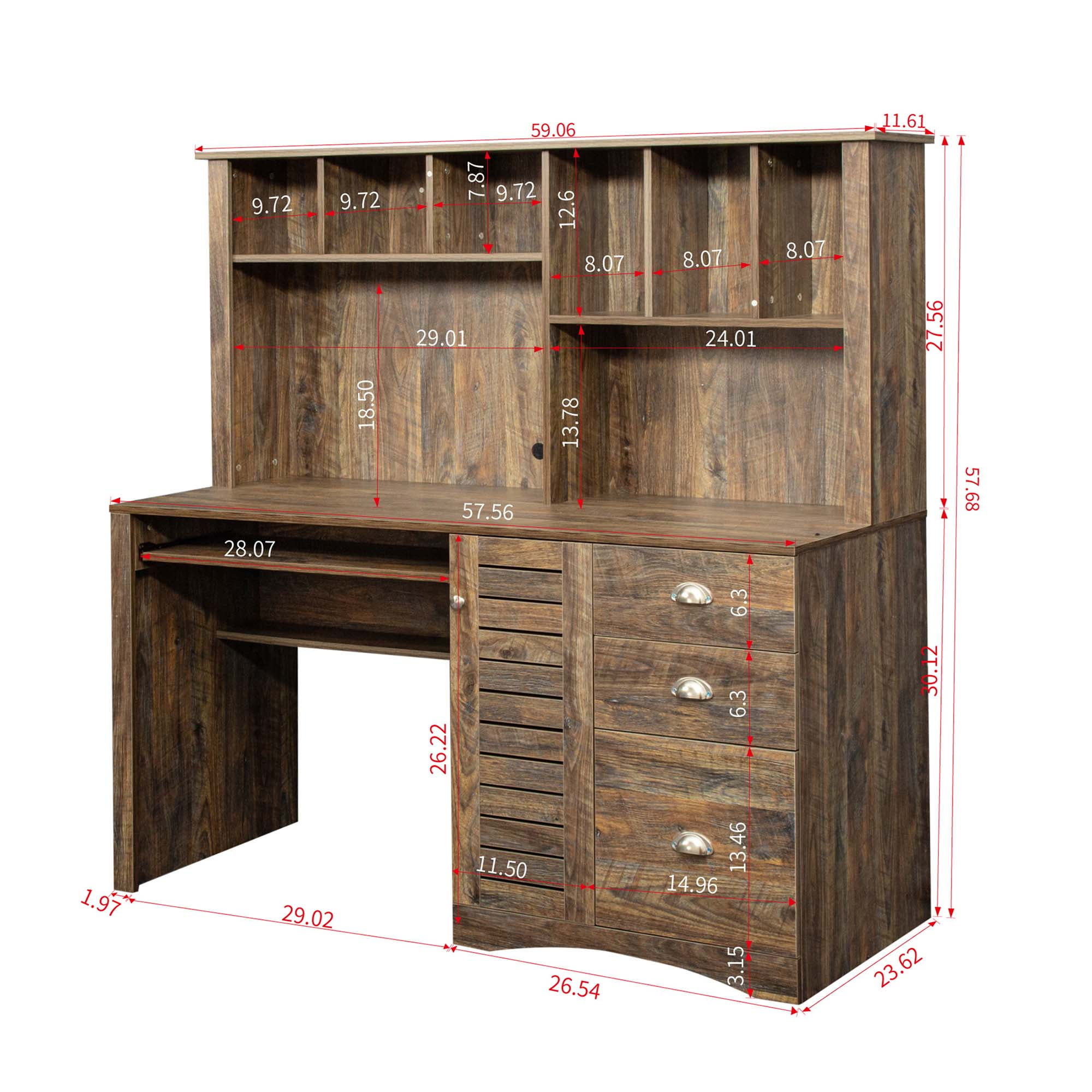 DEALTOPS Home Office Computer Desk with Hutch, 3 Drawers, Study Table, Keyboard Tray, Dark Brown