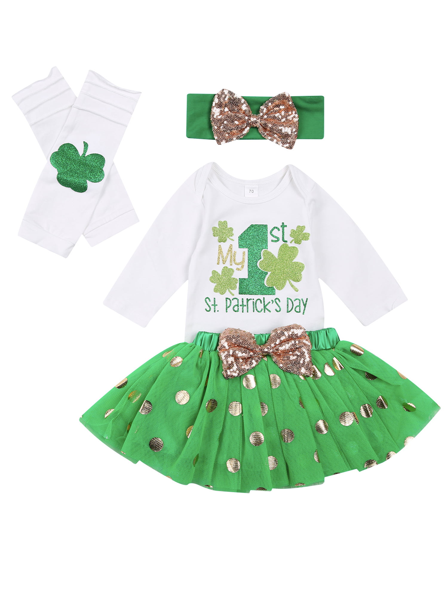 My 1ST St.Patricks Day Baby Girls 4Pcs Outfit Sets Newborn Infant Kids Romper Tops Tutu Skirt Leg Warmers Headbands Clothing Sets Green Letter Shamrock Printed Dress 0-18 Months