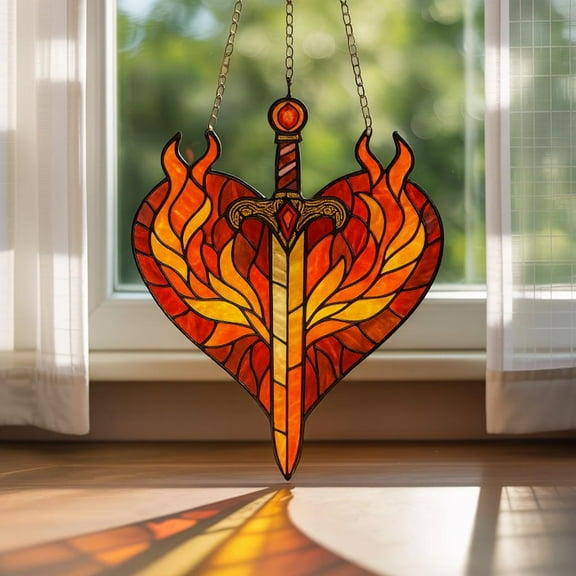 Throne of Glass Fireheart Suncatcher, Flame Sword Stained Glass Hanging, Aelin Inspired Window Decor, Fantasy Glass Art, Bookish Gift Idea
