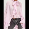 thumbnail image 4 of Blusa de Transparente con Volantes y Mangas Largas Acampanadas para Mujer, con Dobladillo Alto y Bajo, Sexy y Holgada Rosa L, 4 of 7