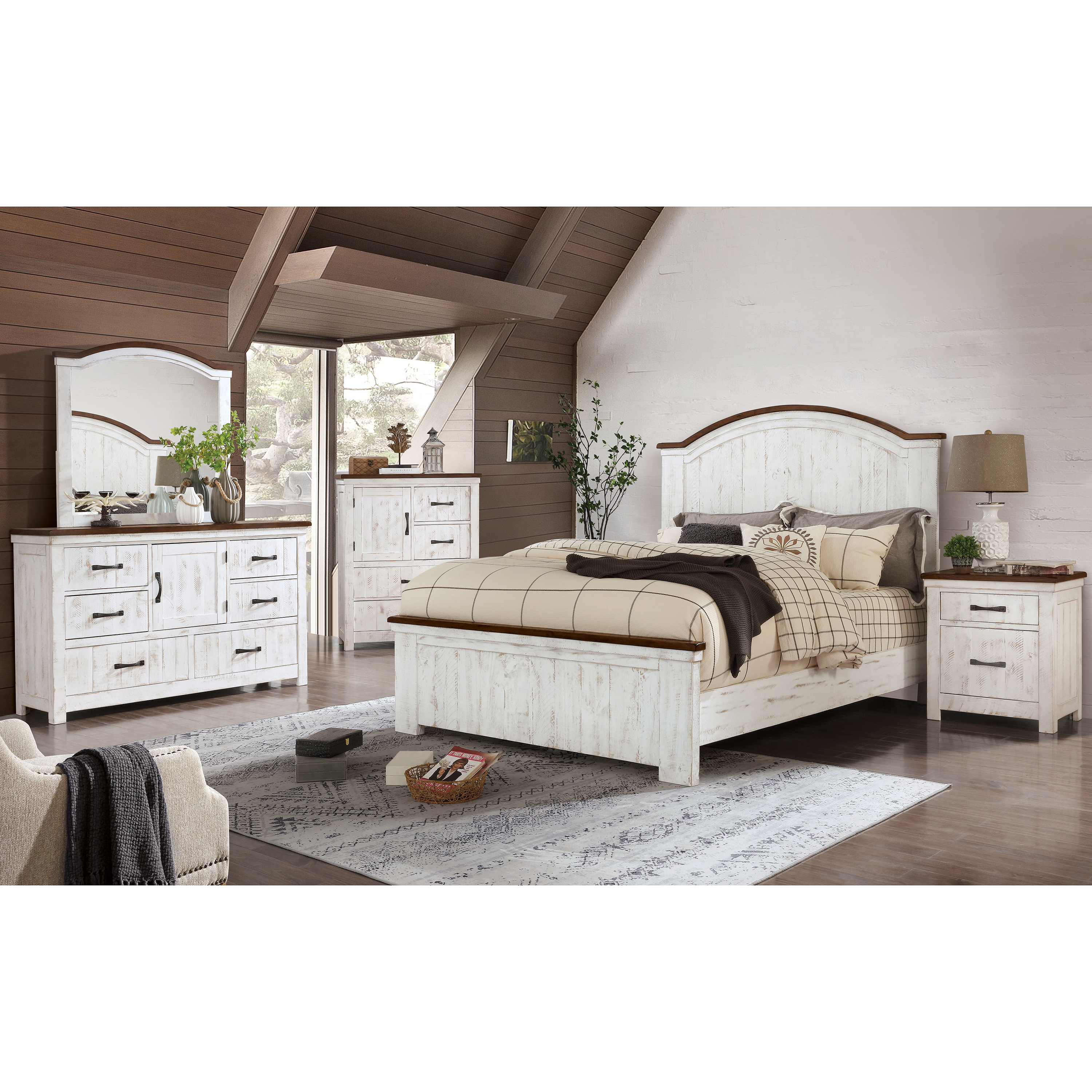 Furniture of America Glenmoor 4-Drawer Chest, Distressed White and Walnut