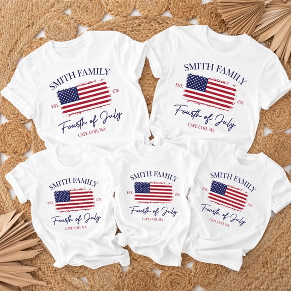 Personalized Family Fourth of July T-Shirt with Custom Name and Location, Matching American Flag Vacation Tee
