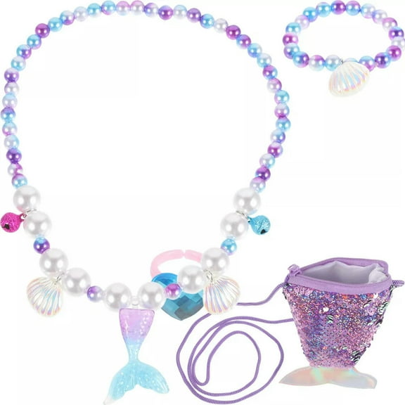 K-KED Little Girl Beaded Bracelet Delicate Jewelry Seashell Children's Mermaid Set Tail Bag