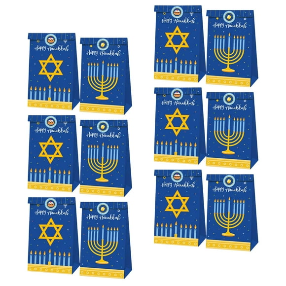 Hanukkah New Year Holiday Gift Bag Nine-headed Menorah Pattern Birthday Candy 12pcs Party Bags Gifts for Stocking Stuffers Multi-function Paper Convenient Biscuit Child