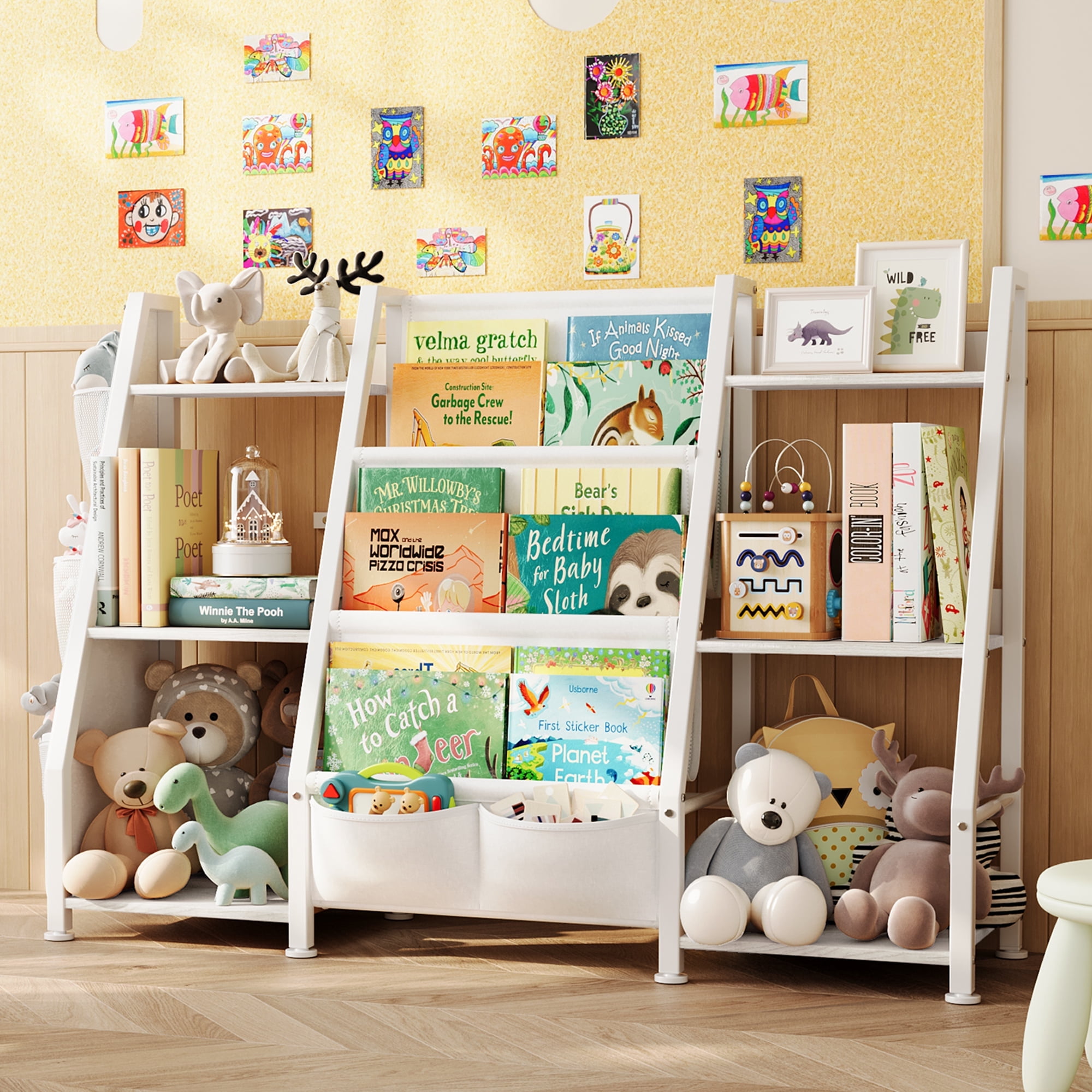 Joqixon Kids Bookshelf Large Storage Bookcase: 3-Tier Book Sling Shelf Toy Organizer for Toddler - Display Rack with 3 Pockets for Kids Rooms, Bedroom, Playroom, Nursery (White, Wood + Metal)