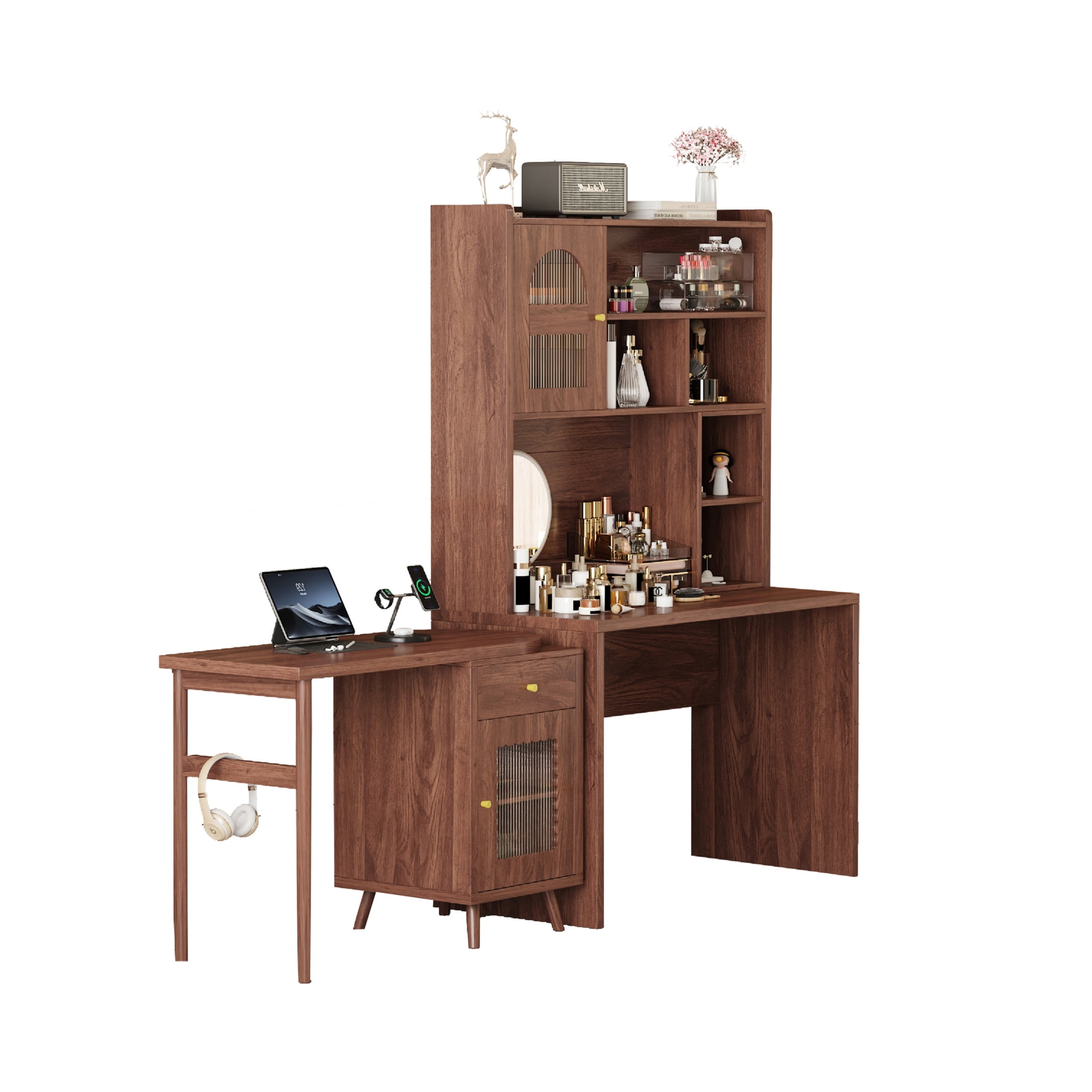 Noble House Rotating Computer Desk with Storage Cabinets, Shelves and Drawer, Walnut
