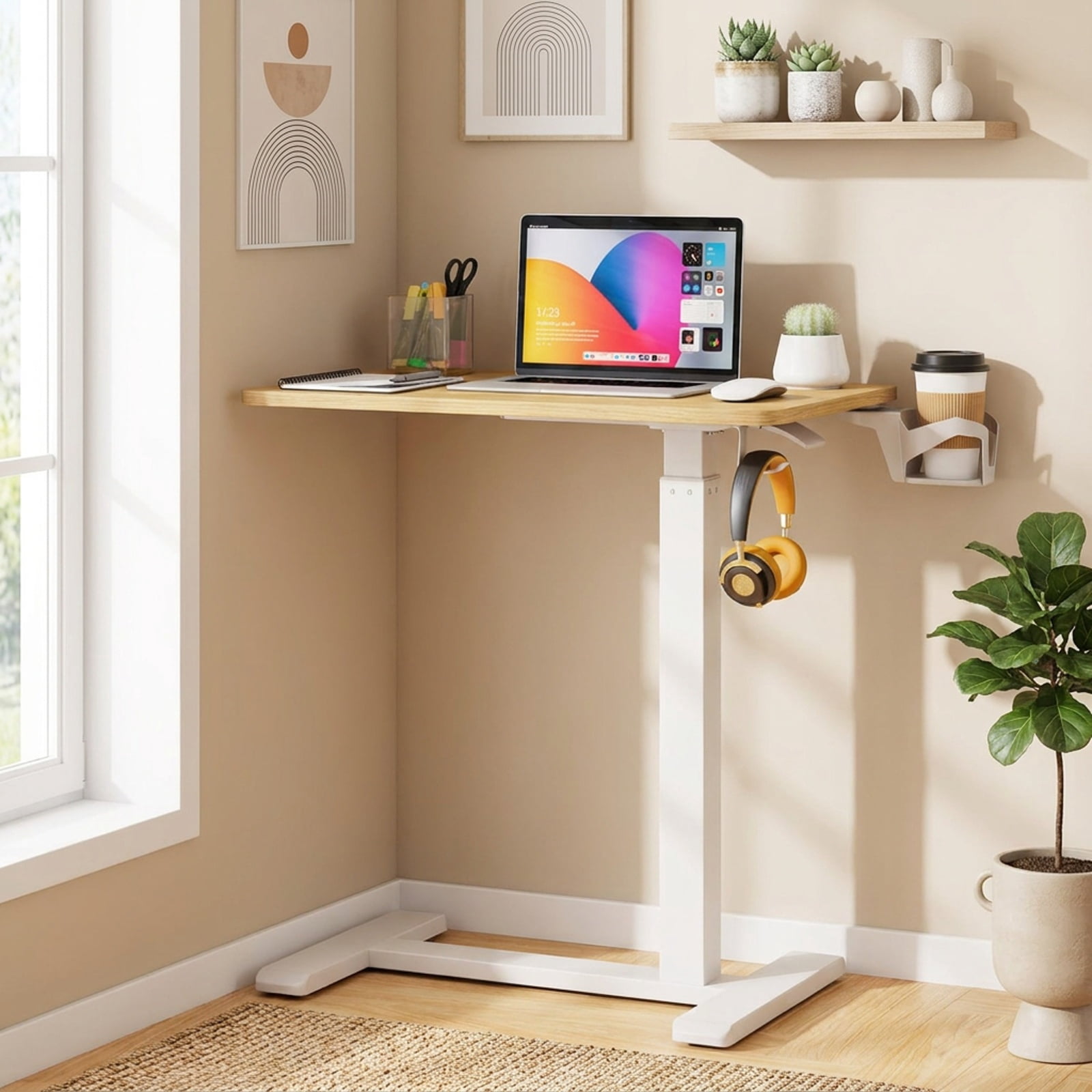 Furnibear Mobile Height Adjustable Overbed Bedside Table with Cup Holder and Wheels C Shaped Side Table for Bedroom Sofa, Natural