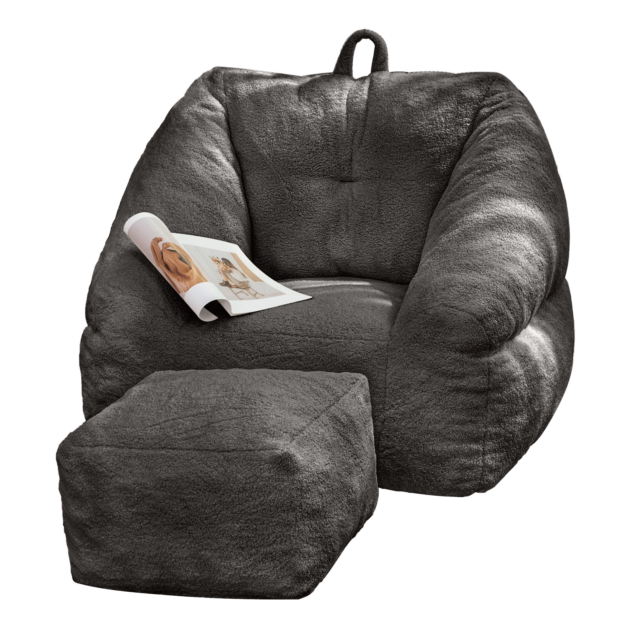 Aukfa Bean Bag Chair with Ottoman, Soft Fluffy Teddy Upholstered Pouf with Foot Rest for Living Room, Black