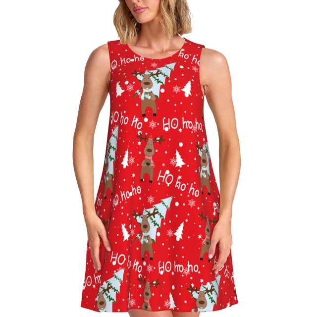 Fotbe Christmas Deer 1 Vestido de Verano sin Mangas para Mujer – Vestido Midi Línea A, Estilo Camiseta Floral, Vestido Playero Casual y Fluido