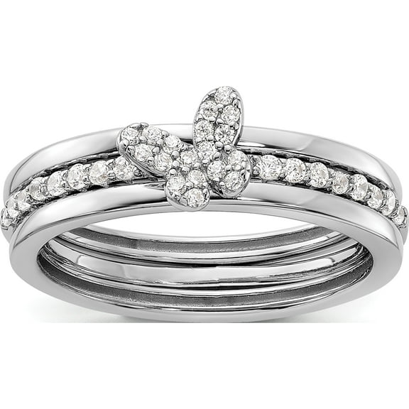 Sterling Silver Rh-Plated Cz Butterfly Ring With Two Plain Bands 3 Setsize 7 - Jbsp