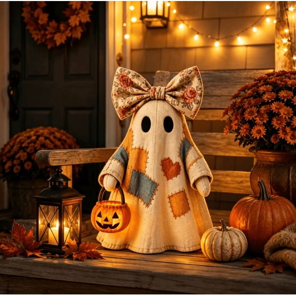 Lighted Vintage Patchwork Ghost Halloween Tabletop Figurine, Warm Glow LED Ghost Holding Pumpkin Bucket, Rustic Farmhouse Accent for Shelf, Entryway & Fireplace Mantel