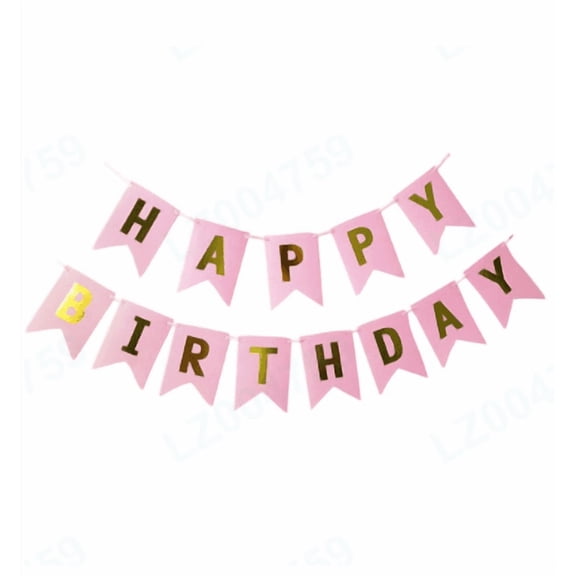 Pink Foiled Happy Birthday Bunting Banner Garland with Rope for Party Celebration Home Decor, 1Pcs