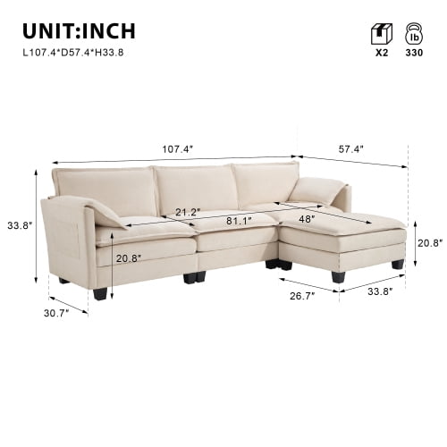 Howcool Cloud Couch Modular Sectional Sofa 3 Seat 107" L Shaped Convertible Couch Chenille Thick Cushion with Ottoman, Removable & Washable Cover for Living Room, Beige