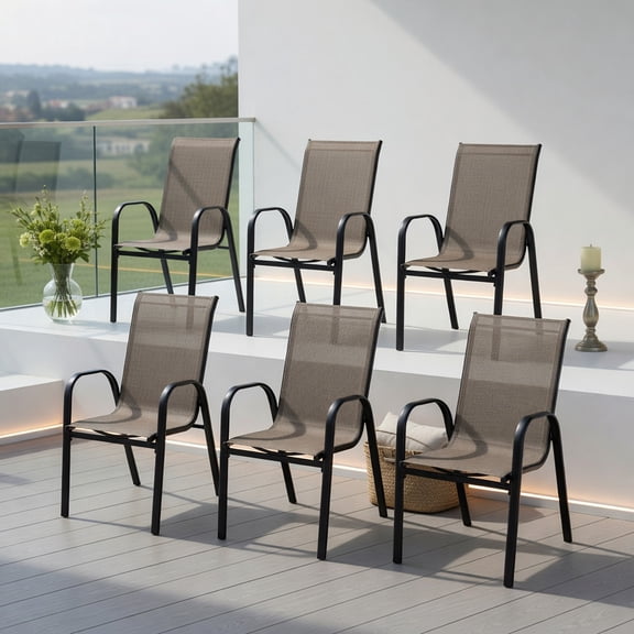 GVN Outdoor Kitchen Chair, Dinner Chairs,6 Pieces Patio Stackable Dining Chairs with Curved Armrests and Breathable Fabric
