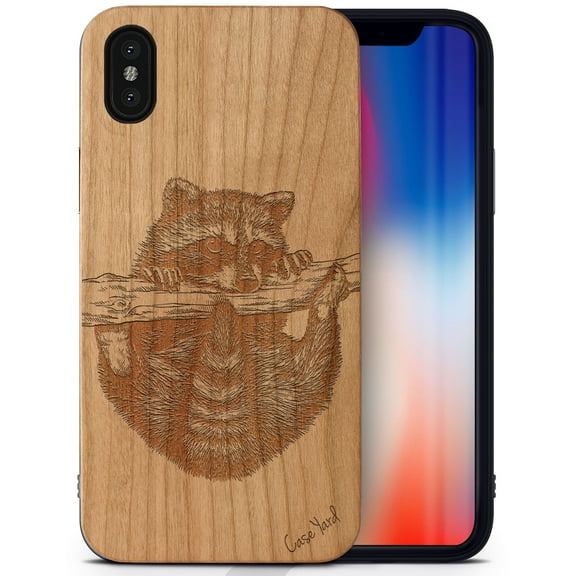 Case Yard Wooden Case Outside Soft TPU Silicone, Slim Fit Shockproof Wood Protective Phone Cover for Girls Boys Men and Women, Supports Wireless Charging Raccoon Design case for iPhone-X