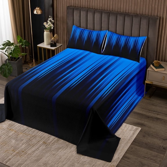 Blue Black Bedspread Set Queen Abstract Gradient Stripes Bedding Set Teen,Vintage Ombre Art Striped Lines Geometric Quilt Set,Stripe Modern Quilted Simple Room Decor